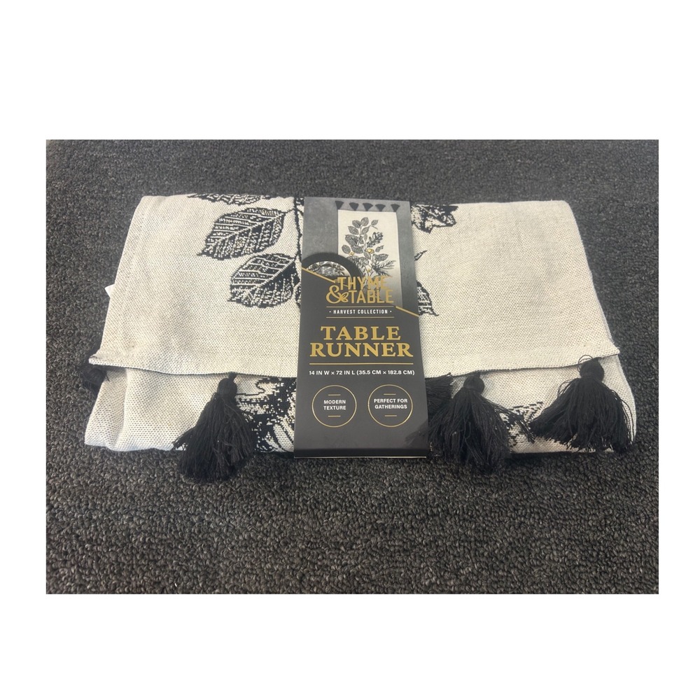 Thyme & Table Harvest Collection Table Runner Black  Leaf Print Tassels 72in